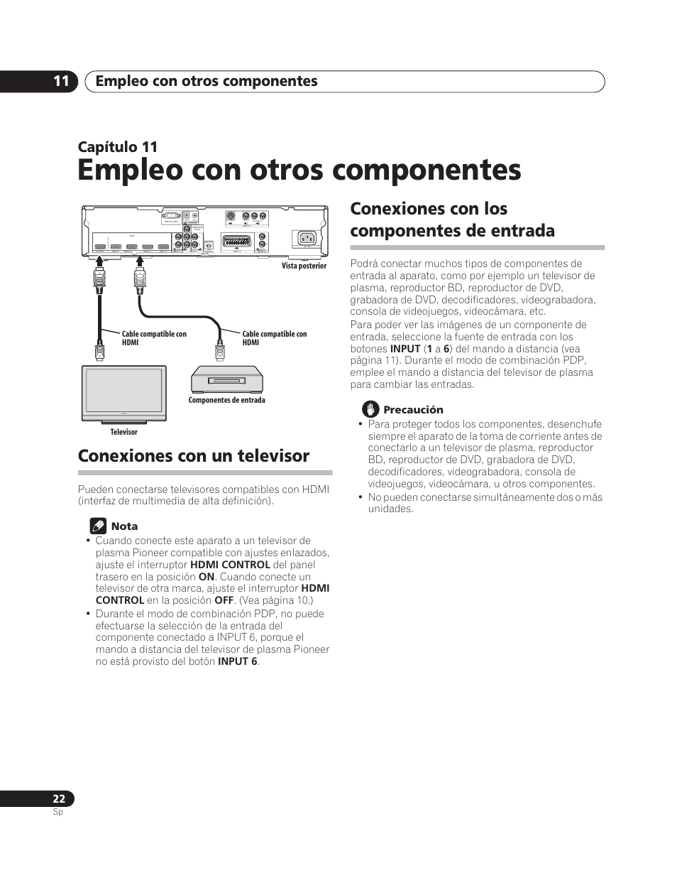 11 empleo con otros componentes, Conexiones con un televisor, Conexiones con los componentes de entrada | Empleo con otros componentes, Empleo con otros componentes 11, Capítulo 11 | Pioneer PDA-V100HD User Manual | Page 172 / 212