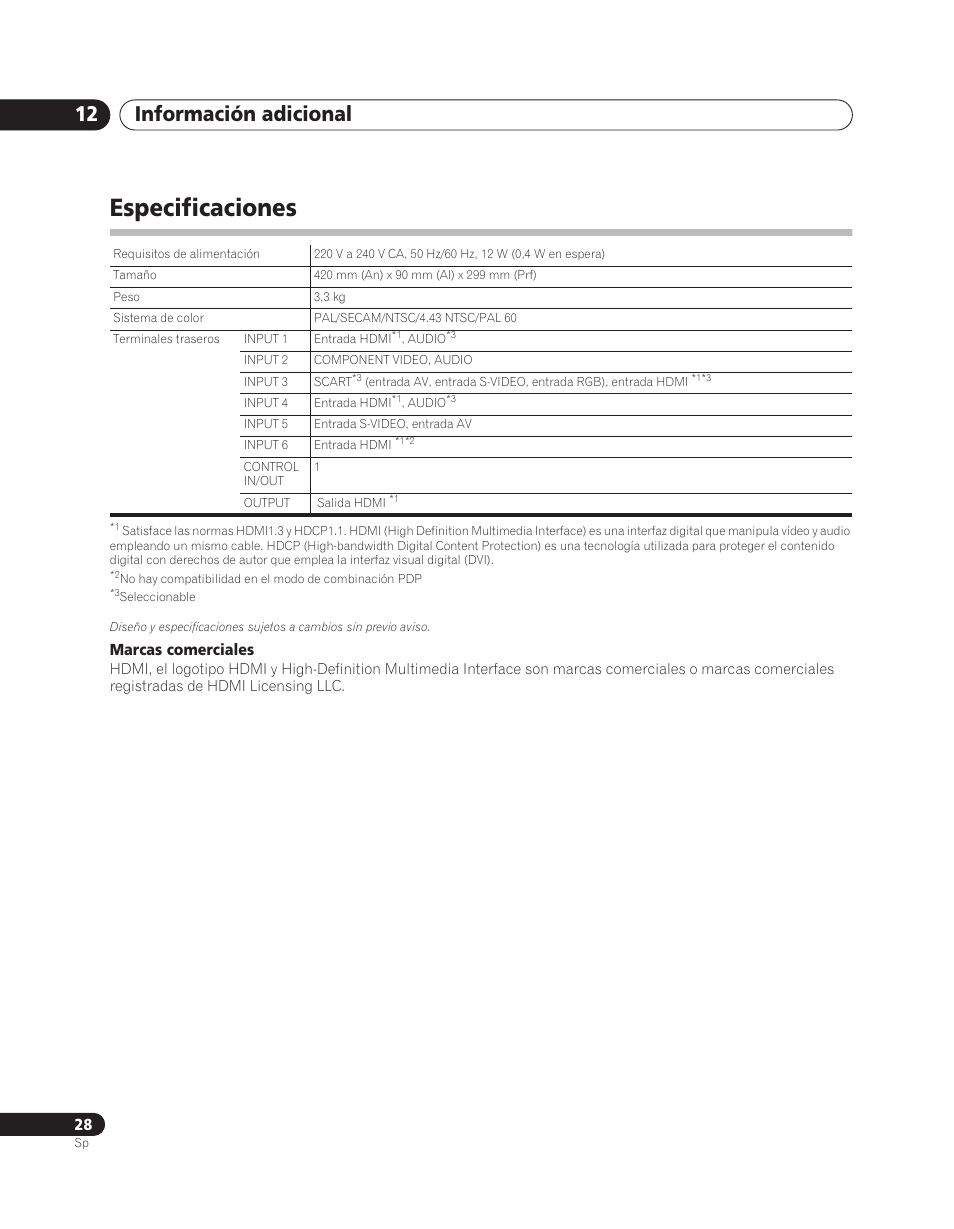 Especificaciones, Información adicional 12 | Pioneer PDA-V100HD User Manual | Page 178 / 212