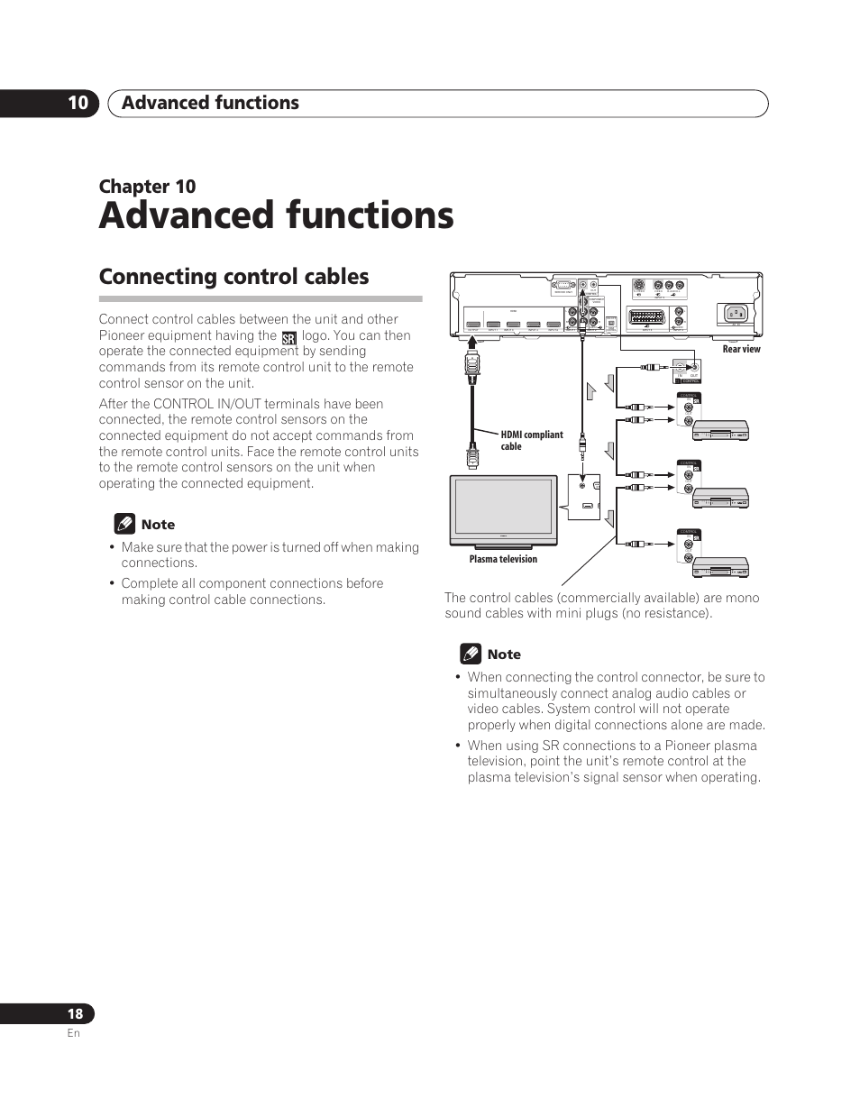 10 advanced functions, Connecting control cables, Advanced functions | Advanced functions 10, Chapter 10, Hdmi compliant cable plasma television rear view | Pioneer PDA-V100HD User Manual | Page 18 / 212