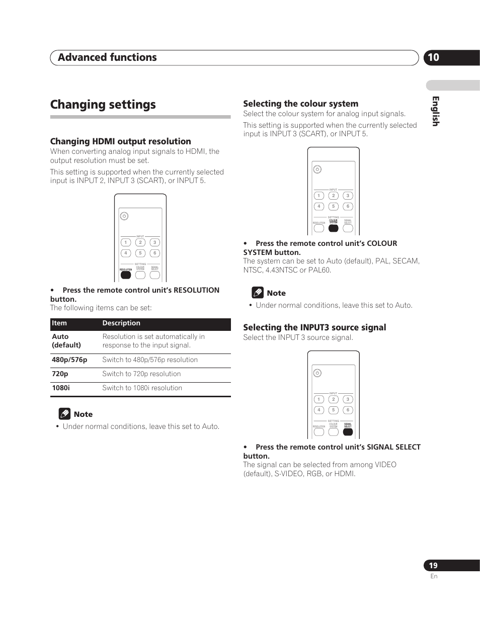 Changing settings, Advanced functions 10, English | Changing hdmi output resolution, Selecting the colour system, Selecting the input3 source signal | Pioneer PDA-V100HD User Manual | Page 19 / 212