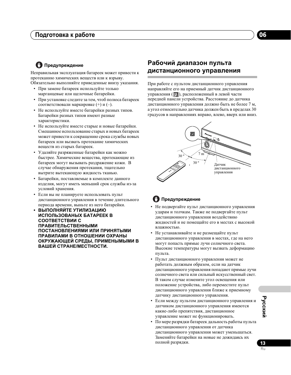 Рабочий диапазон пульта дистанционного управления, Подготовка к работе 06 | Pioneer PDA-V100HD User Manual | Page 193 / 212