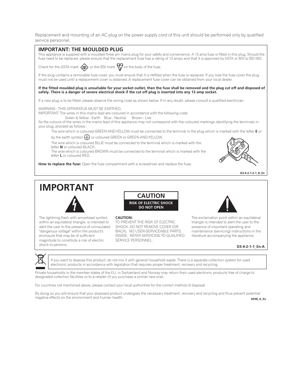 Important, Caution, Important: the moulded plug | Pioneer PDA-V100HD User Manual | Page 2 / 212