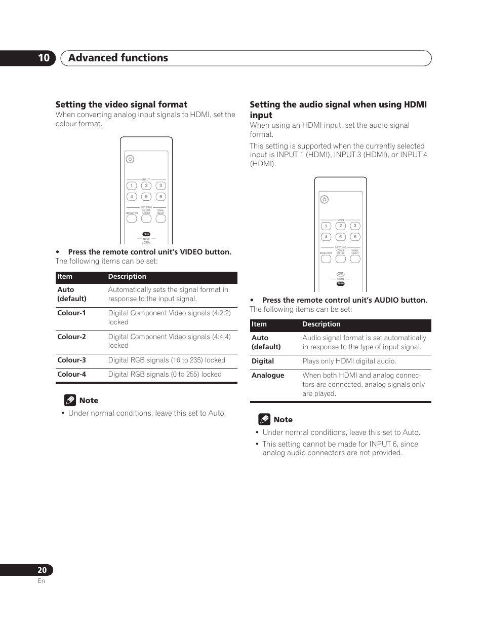 Advanced functions 10, Setting the video signal format, Setting the audio signal when using hdmi input | Pioneer PDA-V100HD User Manual | Page 20 / 212