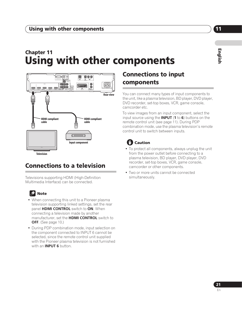 11 using with other components, Connections to a television, Connections to input components | Using with other components, Using with other components 11, Chapter 11, English | Pioneer PDA-V100HD User Manual | Page 21 / 212