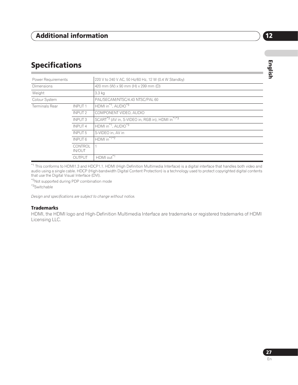 Specifications, Additional information 12, English | Pioneer PDA-V100HD User Manual | Page 27 / 212