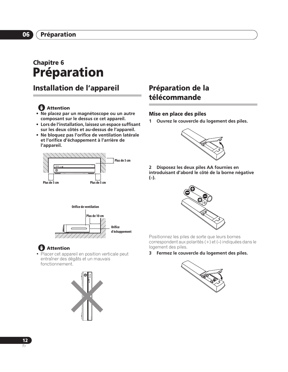 06 préparation, Installation de l’appareil, Préparation de la télécommande | Préparation, Préparation 06, Chapitre 6 | Pioneer PDA-V100HD User Manual | Page 42 / 212