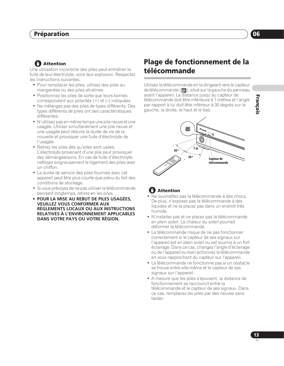 Plage de fonctionnement de la télécommande, Préparation 06, Français | Pioneer PDA-V100HD User Manual | Page 43 / 212