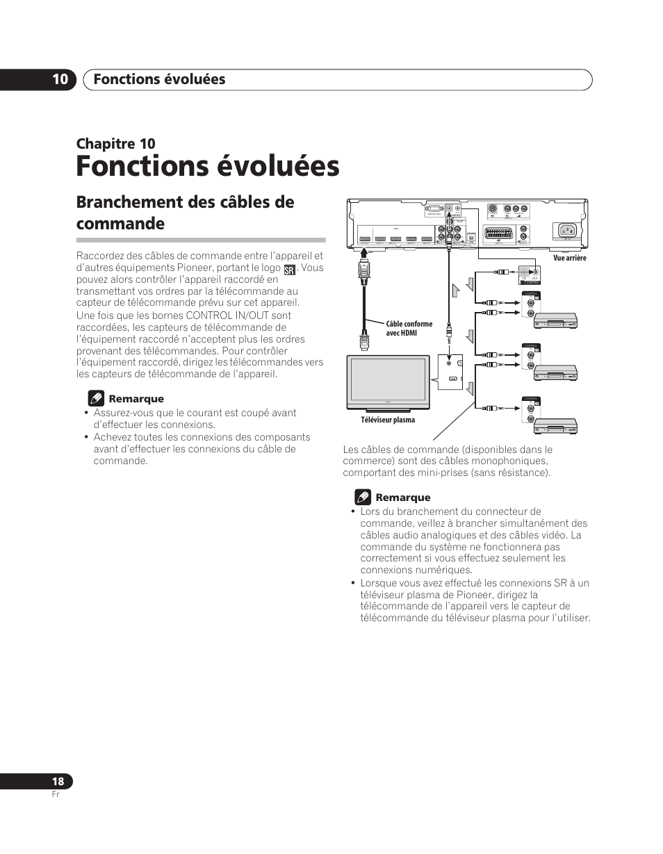 10 fonctions évoluées, Branchement des câbles de commande, Fonctions évoluées | Fonctions évoluées 10, Chapitre 10 | Pioneer PDA-V100HD User Manual | Page 48 / 212