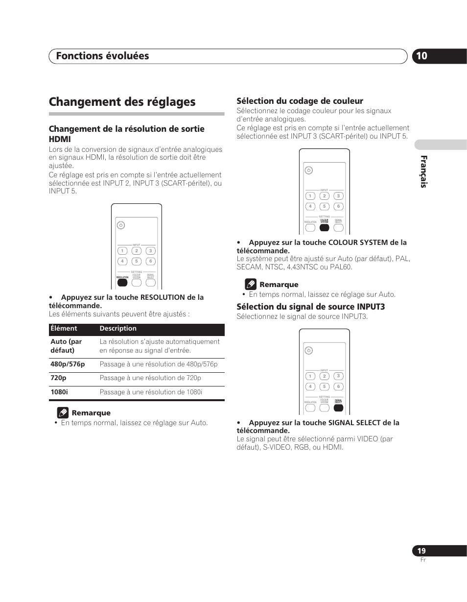 Changement des réglages, Fonctions évoluées 10, Français | Changement de la résolution de sortie hdmi, Sélection du codage de couleur, Sélection du signal de source input3 | Pioneer PDA-V100HD User Manual | Page 49 / 212