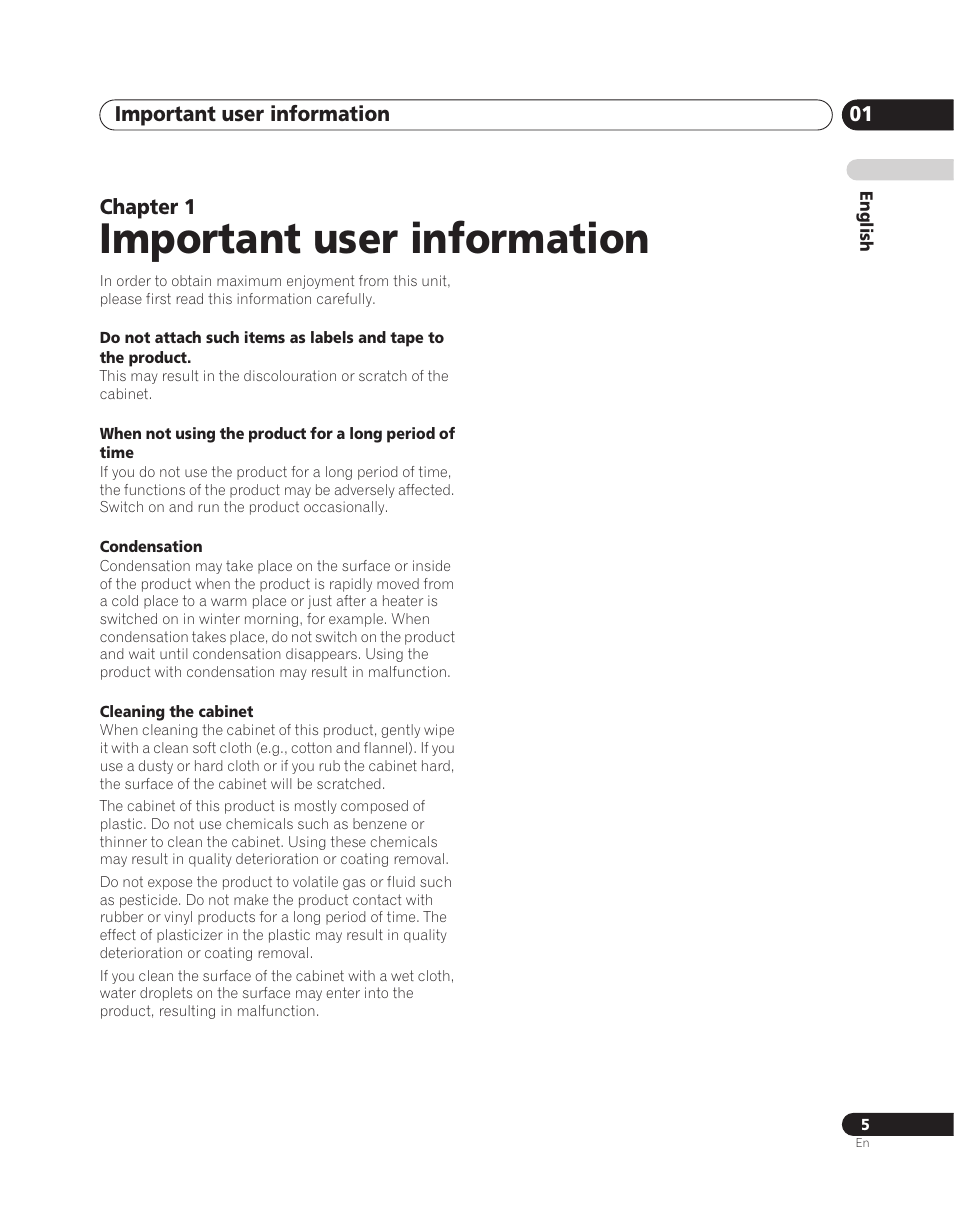 01 important user information, Important user information, Important user information 01 | Chapter 1 | Pioneer PDA-V100HD User Manual | Page 5 / 212
