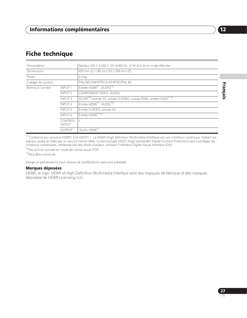 Fiche technique, Informations complémentaires 12, Français | Pioneer PDA-V100HD User Manual | Page 57 / 212