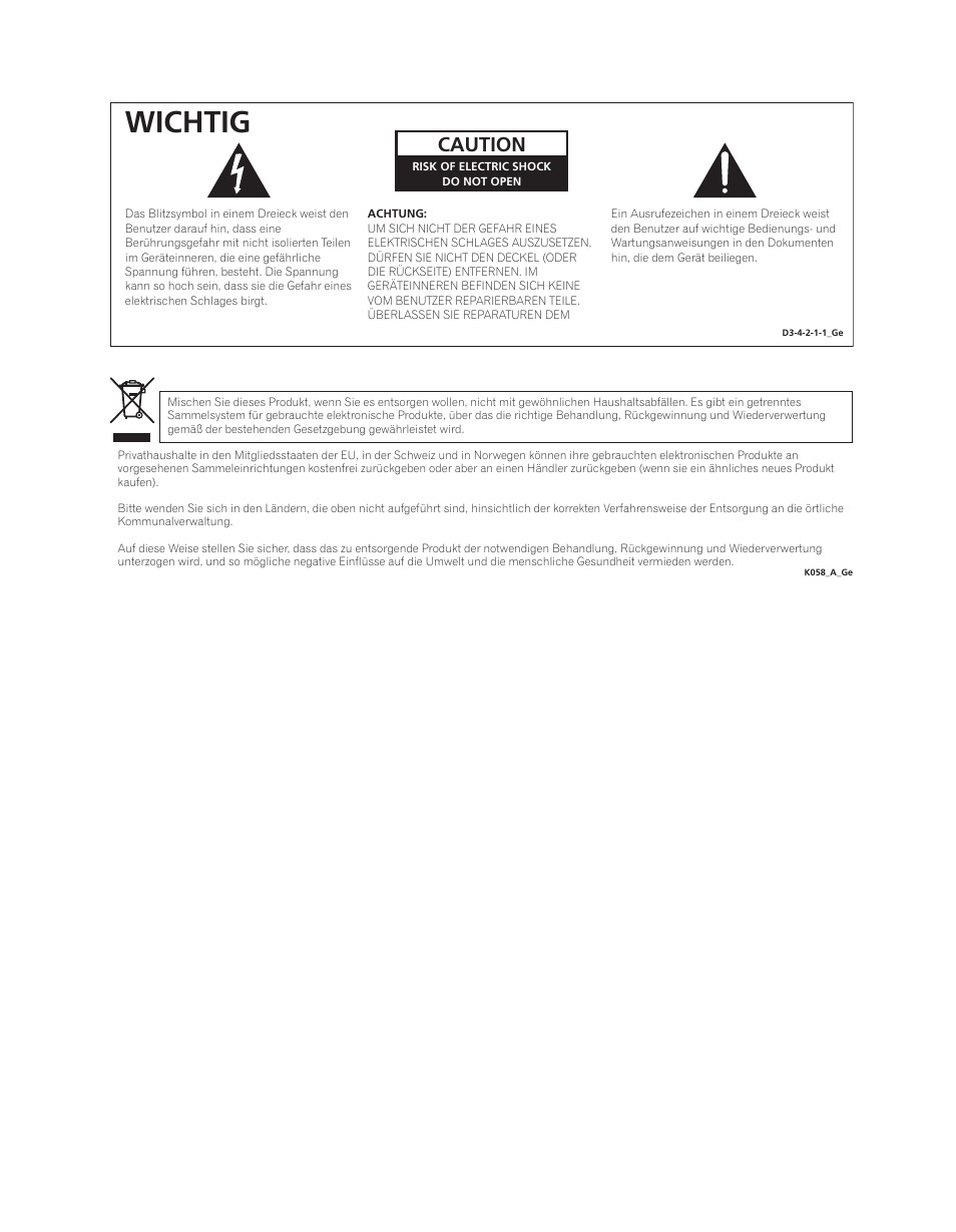 Wichtig, Caution | Pioneer PDA-V100HD User Manual | Page 62 / 212