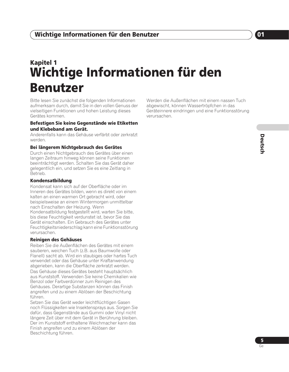 Wichtige informationen für den benutzer, Wichtige informationen für den benutzer 01, Kapitel 1 | Pioneer PDA-V100HD User Manual | Page 65 / 212