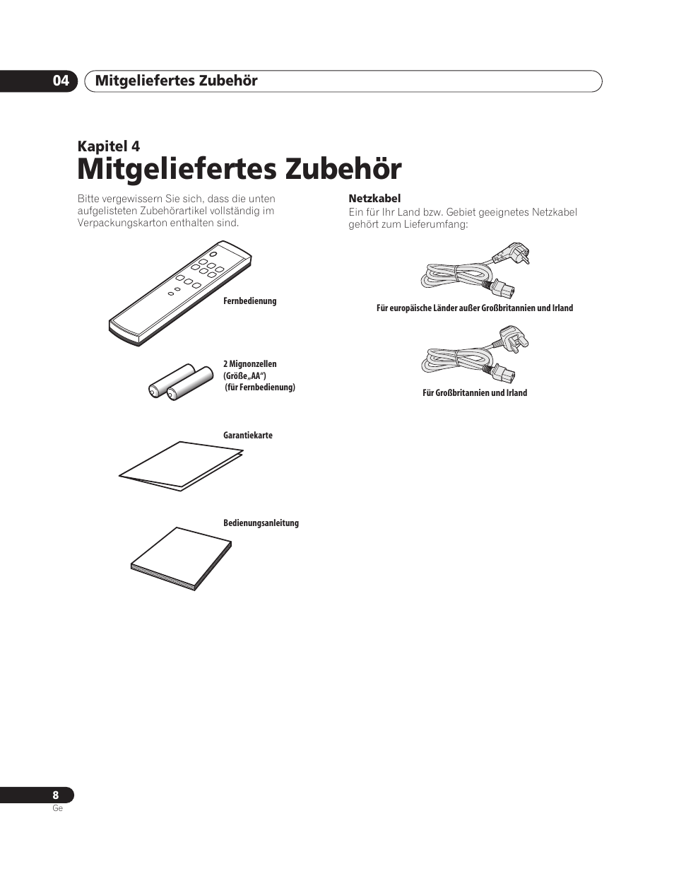 04 mitgeliefertes zubehör, Mitgeliefertes zubehör | Pioneer PDA-V100HD User Manual | Page 68 / 212