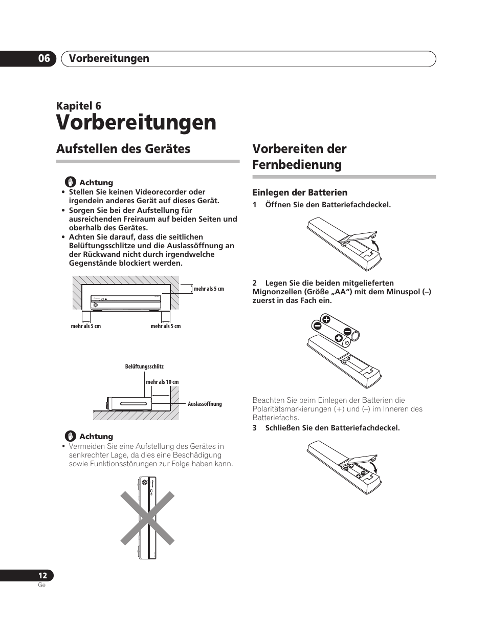 06 vorbereitungen, Aufstellen des gerätes, Vorbereiten der fernbedienung | Vorbereitungen, Vorbereitungen 06, Kapitel 6 | Pioneer PDA-V100HD User Manual | Page 72 / 212