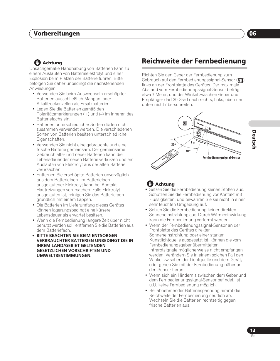 Reichweite der fernbedienung, Vorbereitungen 06, Deutsch | Pioneer PDA-V100HD User Manual | Page 73 / 212