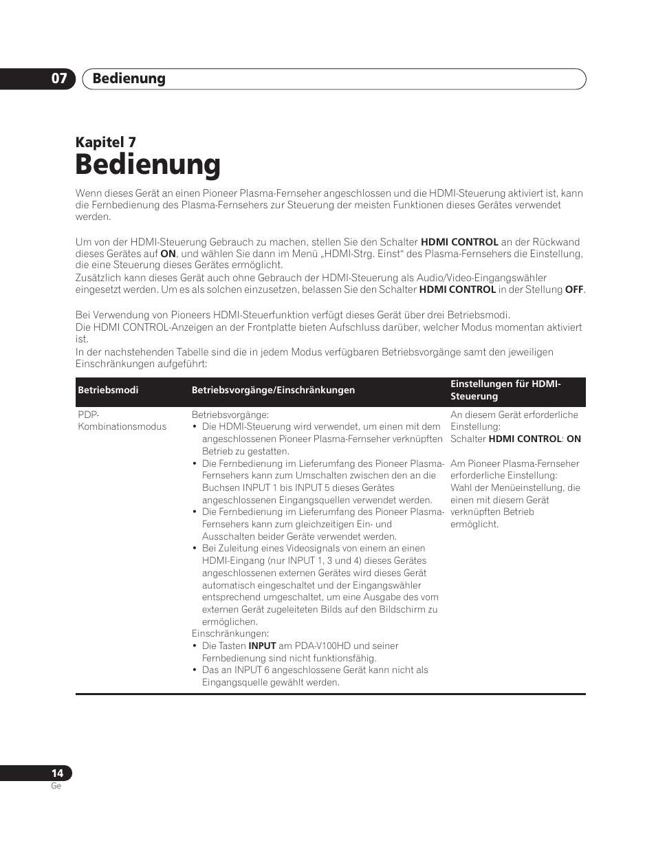 07 bedienung, Anschließen des gerätes an einen pioneer plasma, Bedienung | Bedienung 07, Kapitel 7 | Pioneer PDA-V100HD User Manual | Page 74 / 212