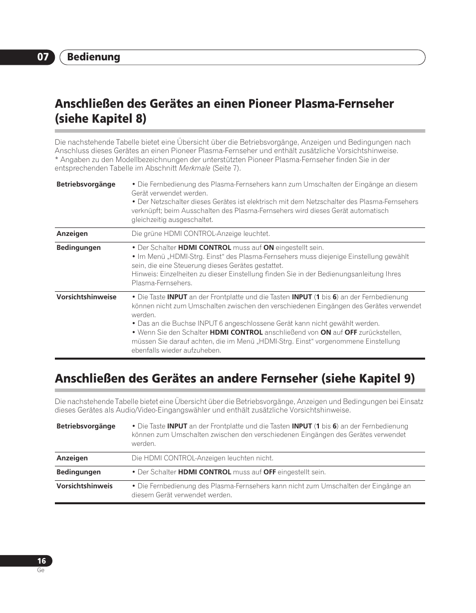 Fernseher (siehe kapitel 8), Bedienung 07 | Pioneer PDA-V100HD User Manual | Page 76 / 212