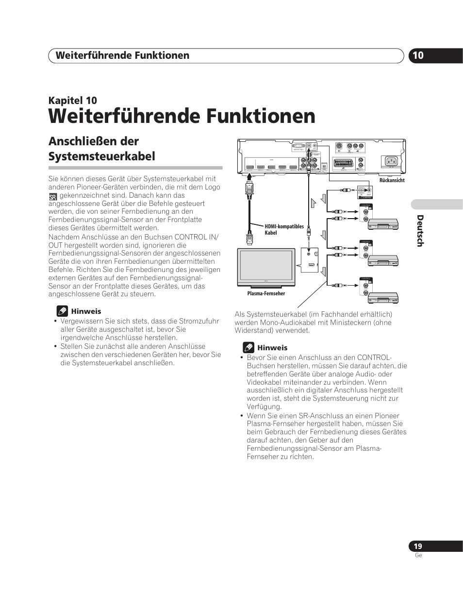 10 weiterführende funktionen, Anschließen der systemsteuerkabel, Weiterführende funktionen | Weiterführende funktionen 10, Kapitel 10, Deutsch | Pioneer PDA-V100HD User Manual | Page 79 / 212