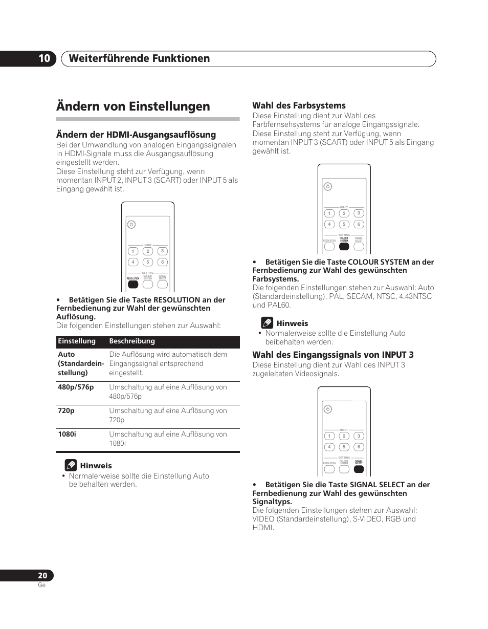 Ändern von einstellungen, Weiterführende funktionen 10, Ändern der hdmi-ausgangsauflösung | Wahl des farbsystems, Wahl des eingangssignals von input 3 | Pioneer PDA-V100HD User Manual | Page 80 / 212