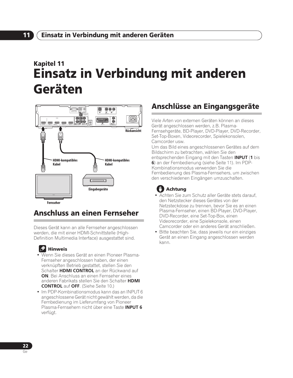 11 einsatz in verbindung mit anderen geräten, Anschluss an einen fernseher, Anschlüsse an eingangsgeräte | Einsatz in verbindung mit anderen geräten, Einsatz in verbindung mit anderen geräten 11, Kapitel 11 | Pioneer PDA-V100HD User Manual | Page 82 / 212