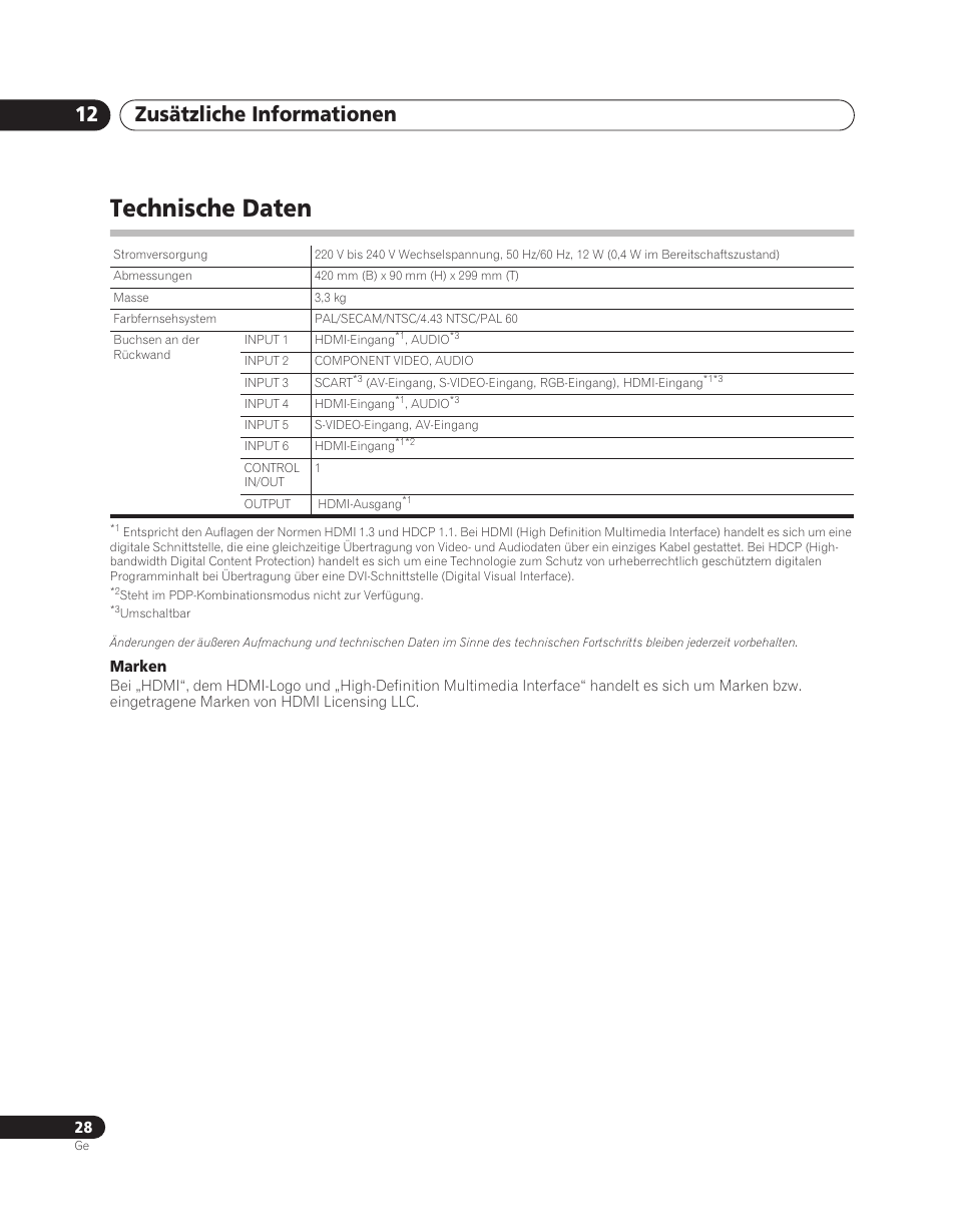 Technische daten, Zusätzliche informationen 12 | Pioneer PDA-V100HD User Manual | Page 88 / 212