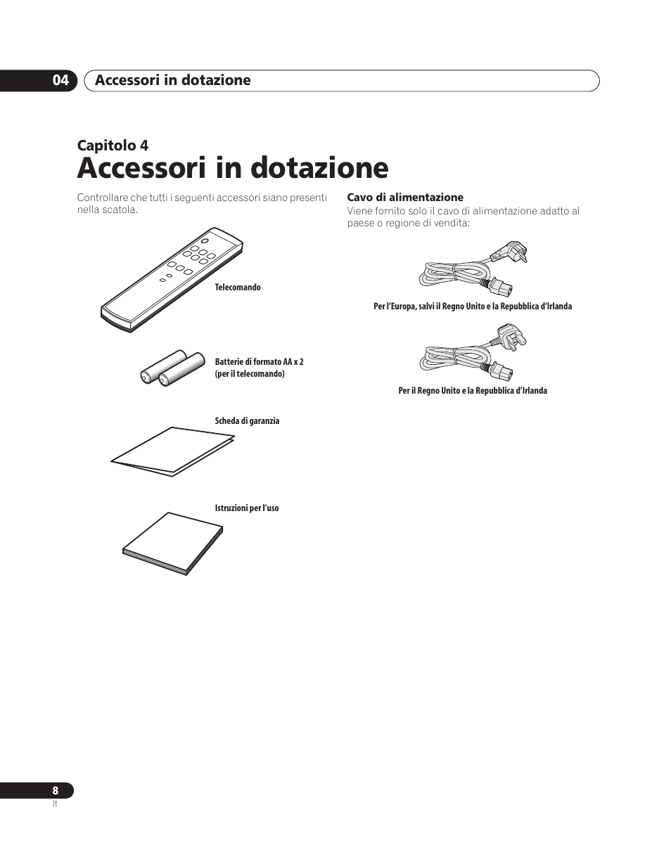 04 accessori in dotazione, Accessori in dotazione | Pioneer PDA-V100HD User Manual | Page 98 / 212