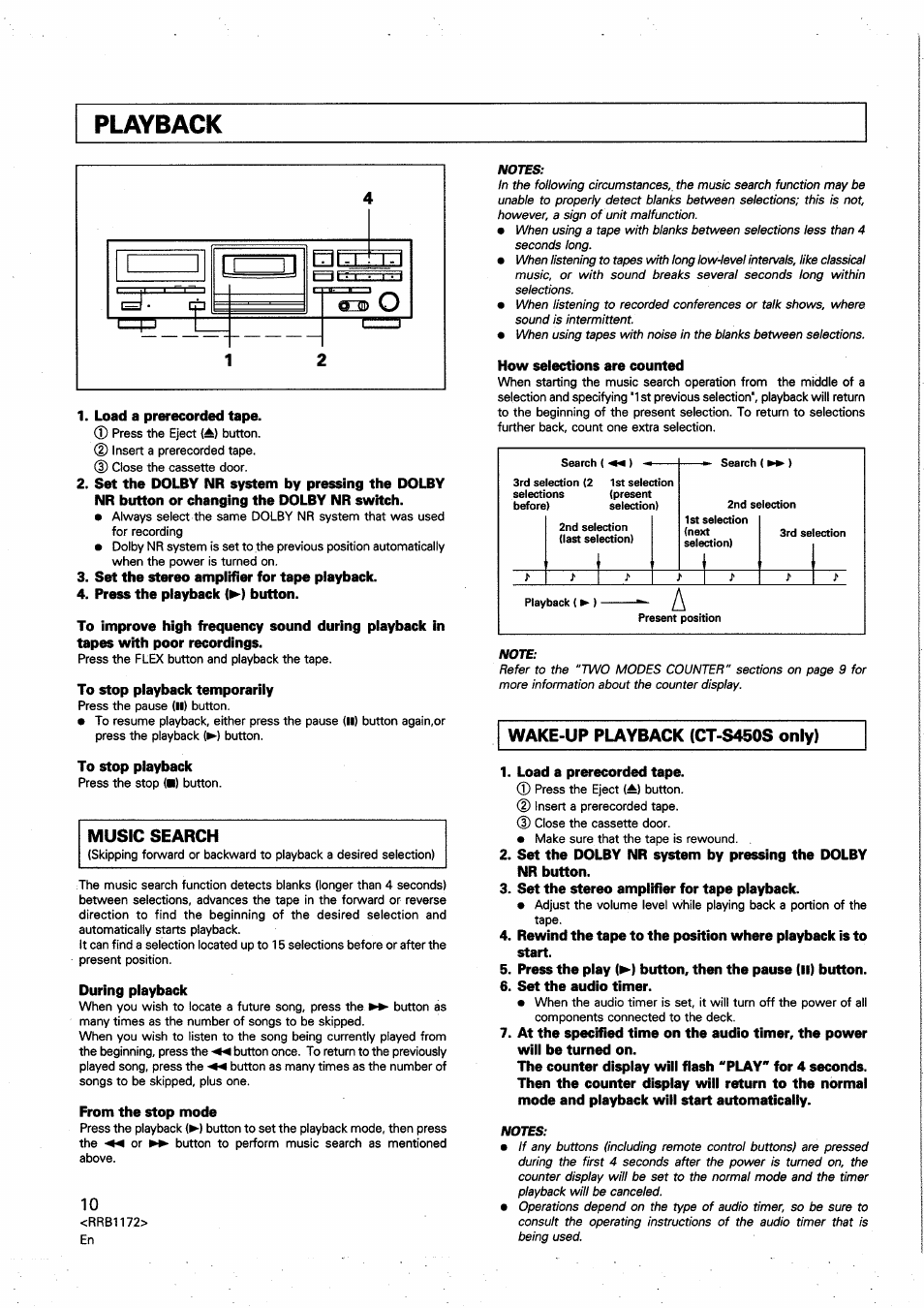 Playback, Music search, Wake-up playback (ct-s450s only) | Pioneer CT-S250 User Manual | Page 10 / 16