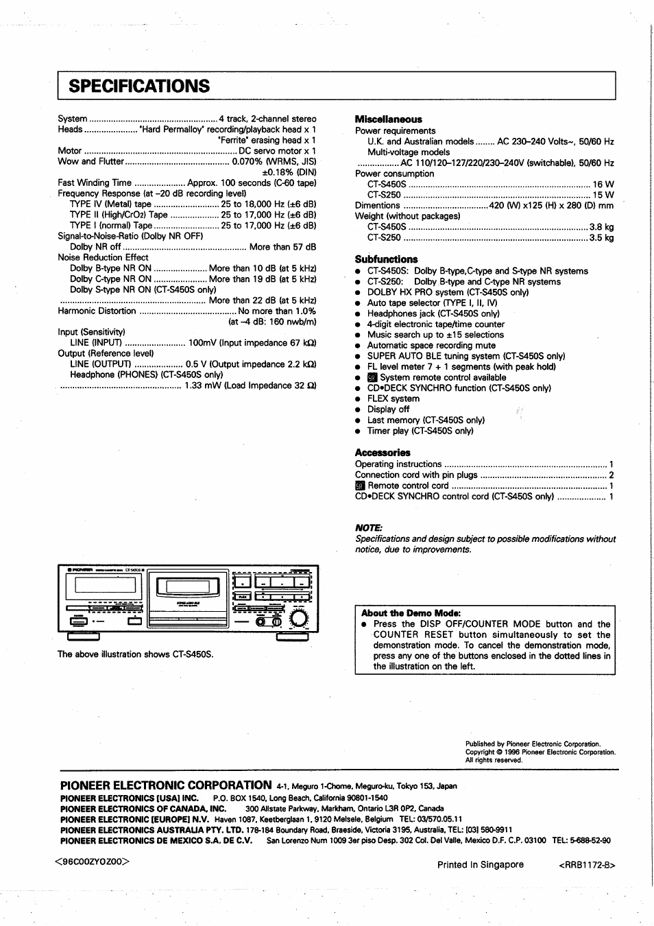 Specifications, Pioneer electronic corporation | Pioneer CT-S250 User Manual | Page 16 / 16