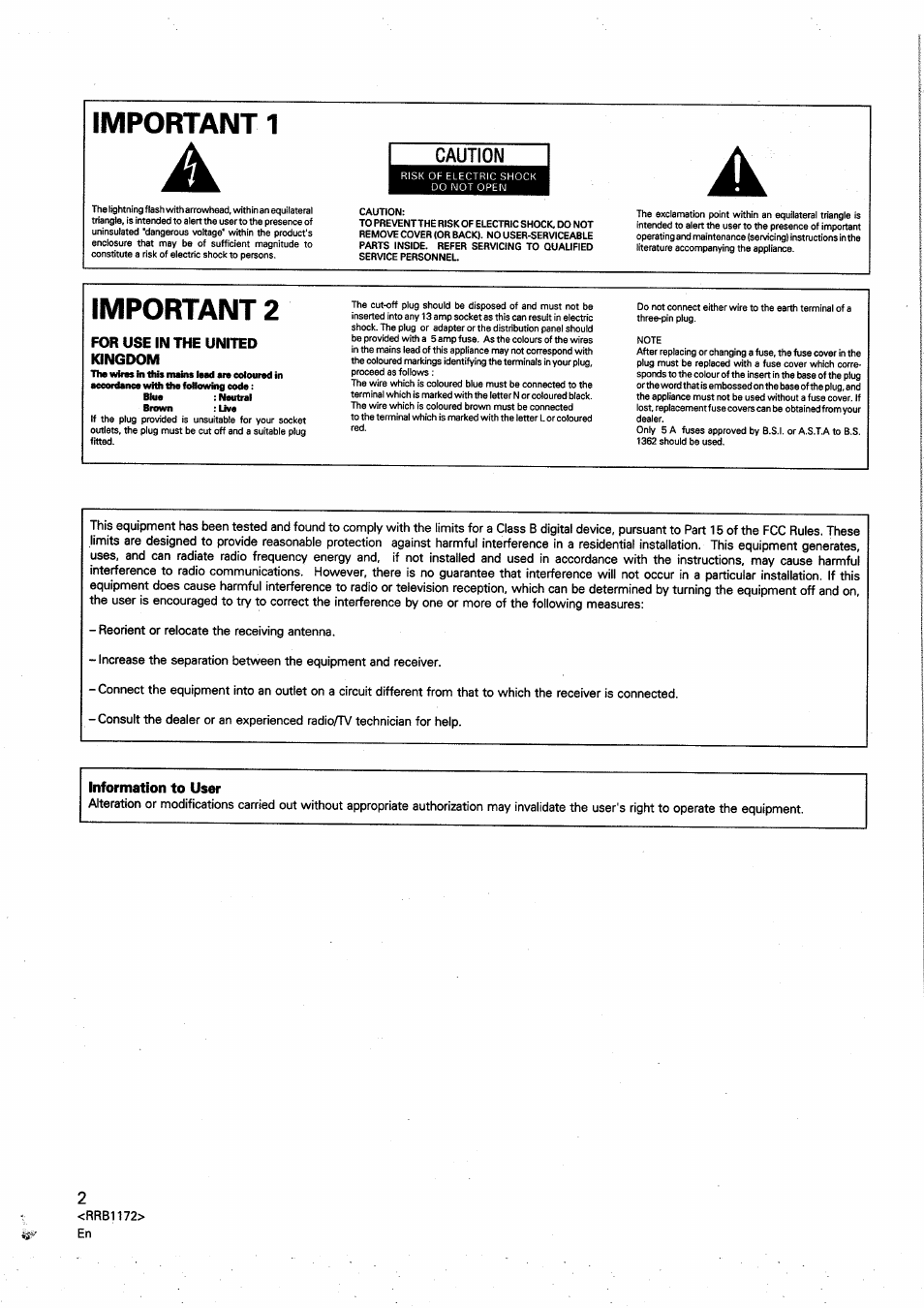 Important 1, Important 2 | Pioneer CT-S250 User Manual | Page 2 / 16