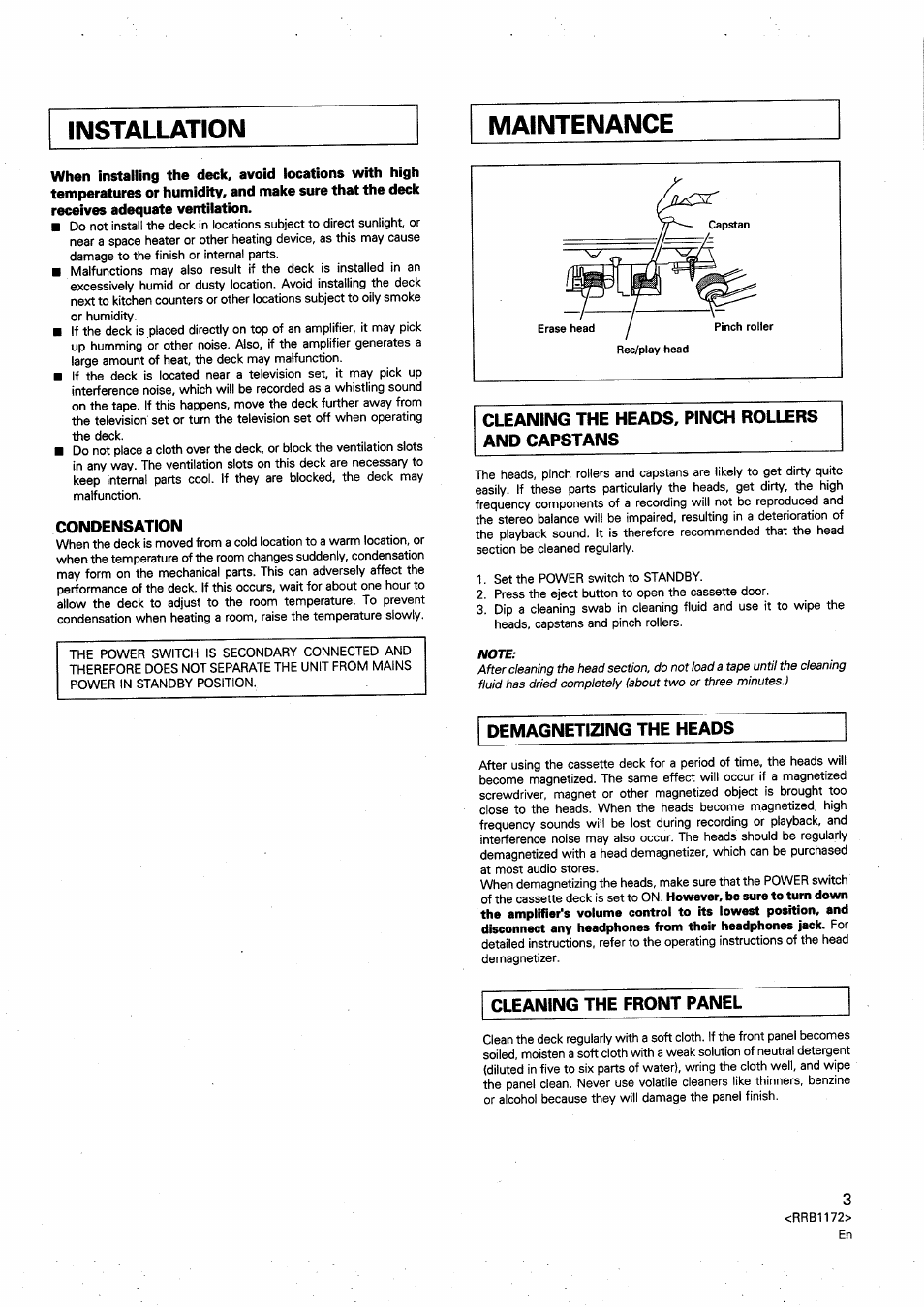 Installation, Maintenance, Installation maintenance | Cleaning the heads, pinch rollers and capstans, Demagnetizing the heads, Cleaning the front panel | Pioneer CT-S250 User Manual | Page 3 / 16