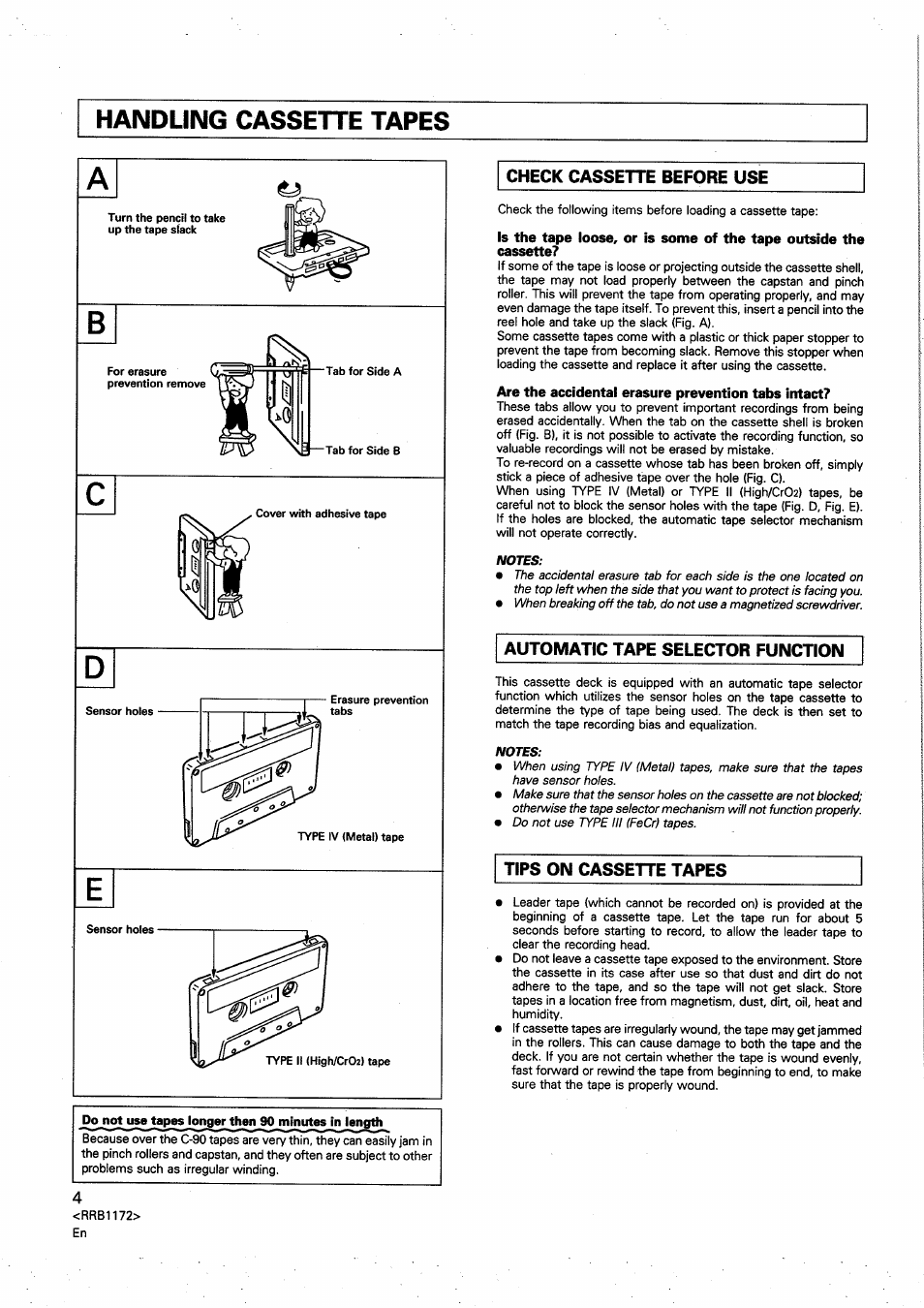 Handling cassette tapes, To use tapes jonger then jo minutes jn ungth, Check cassette before use | Automatic tape selector function, Tips on cassette tapes | Pioneer CT-S250 User Manual | Page 4 / 16