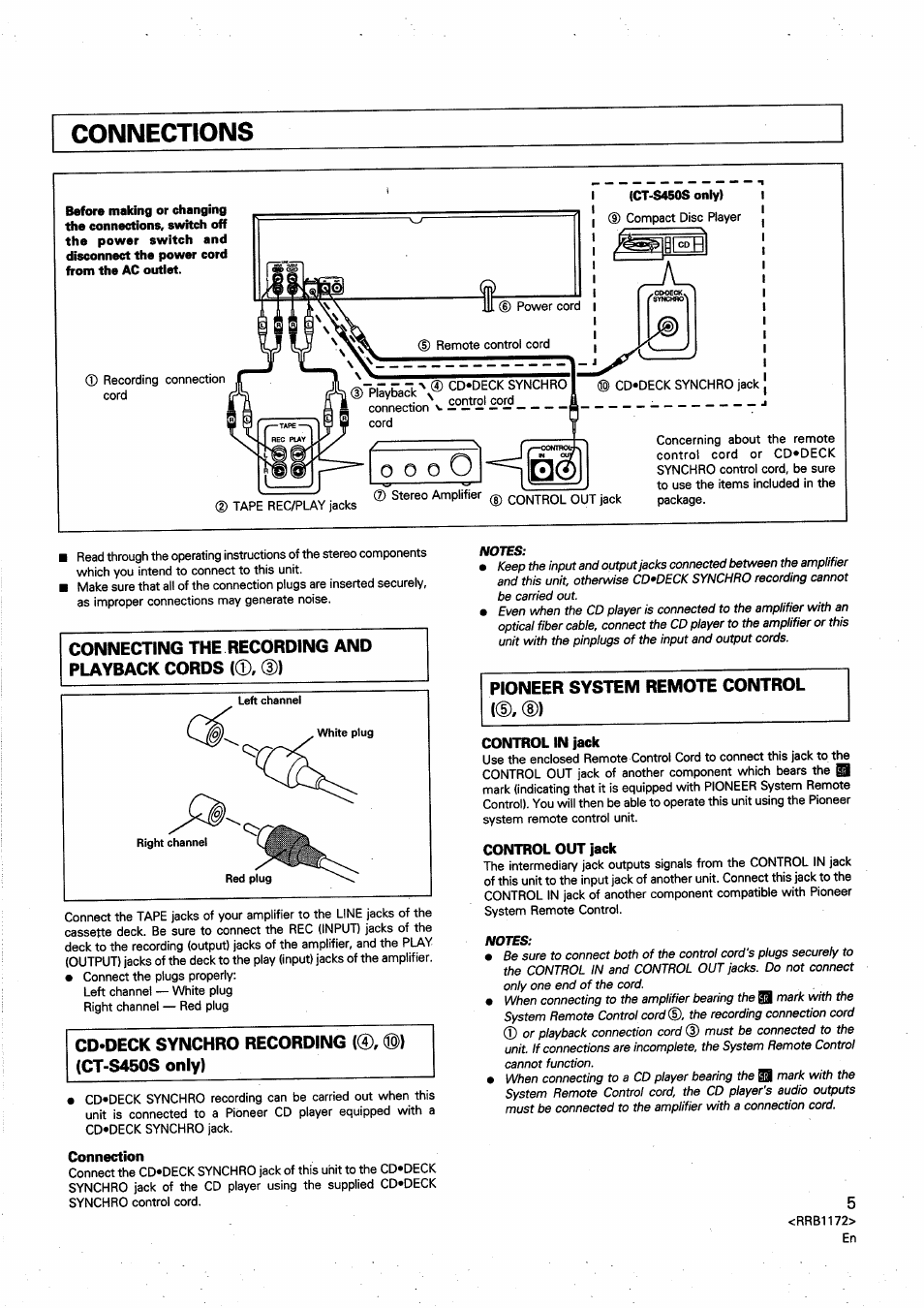 Connections, Cd*deck synchro recording, Ct-s450s only) | Pioneer CT-S250 User Manual | Page 5 / 16