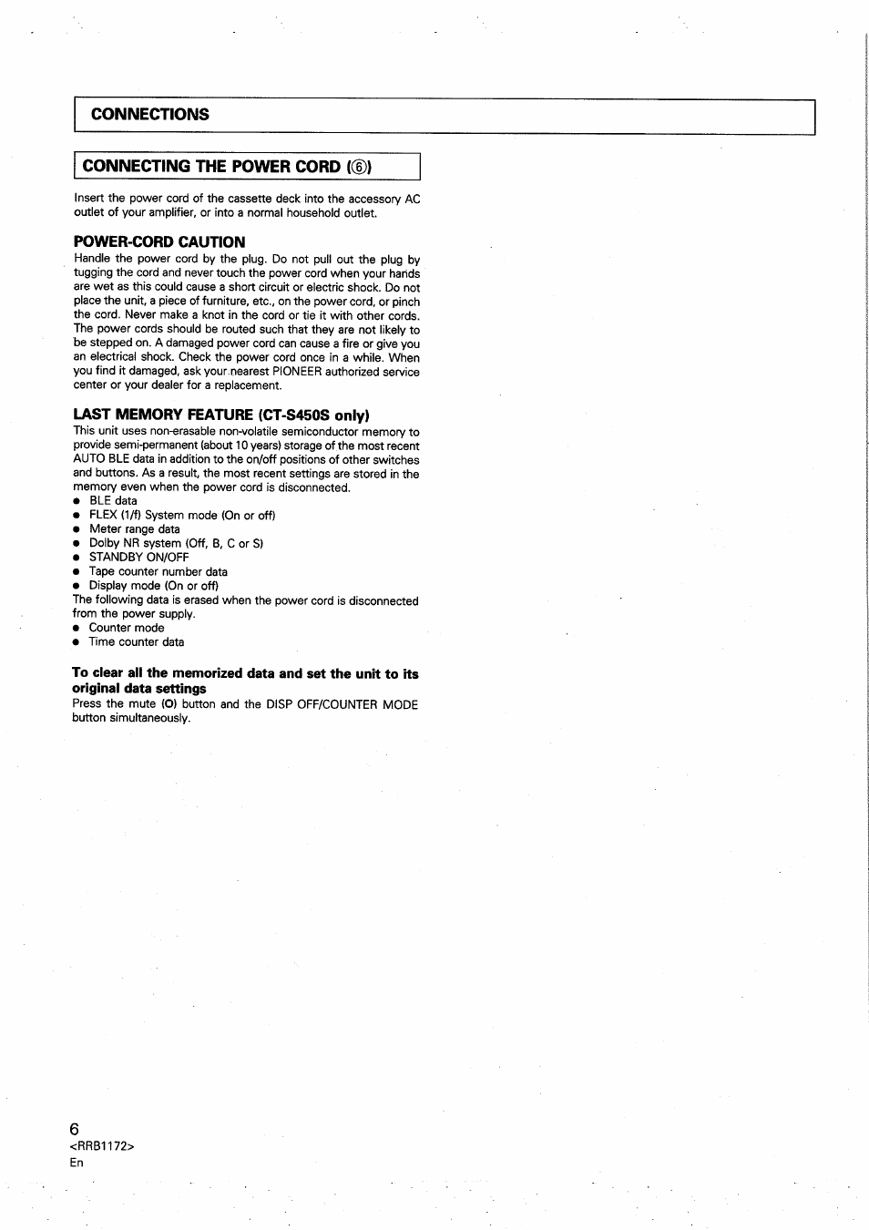 Connections connecting the power cord | Pioneer CT-S250 User Manual | Page 6 / 16