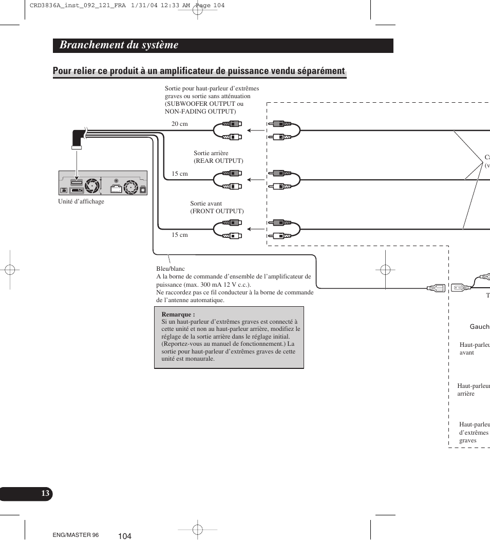 Pour relier ce produit à un amplificateur de, Puissance vendu séparément, Branchement du système | Pioneer AVIC-X1 User Manual | Page 104 / 181