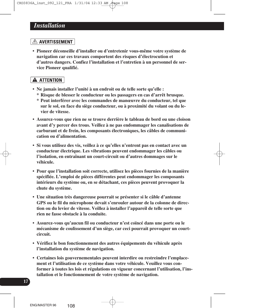 Installation | Pioneer AVIC-X1 User Manual | Page 108 / 181