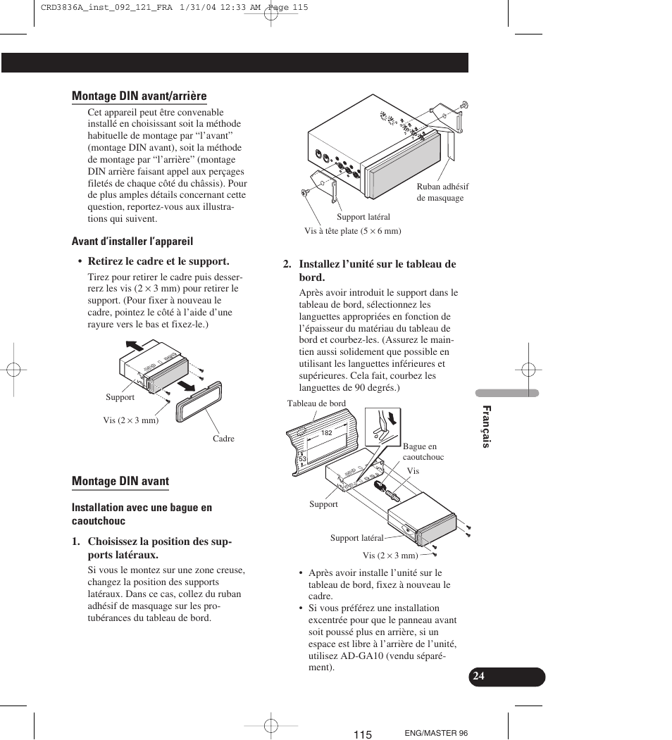 Montage din avant/arrière, Montage din avant | Pioneer AVIC-X1 User Manual | Page 115 / 181