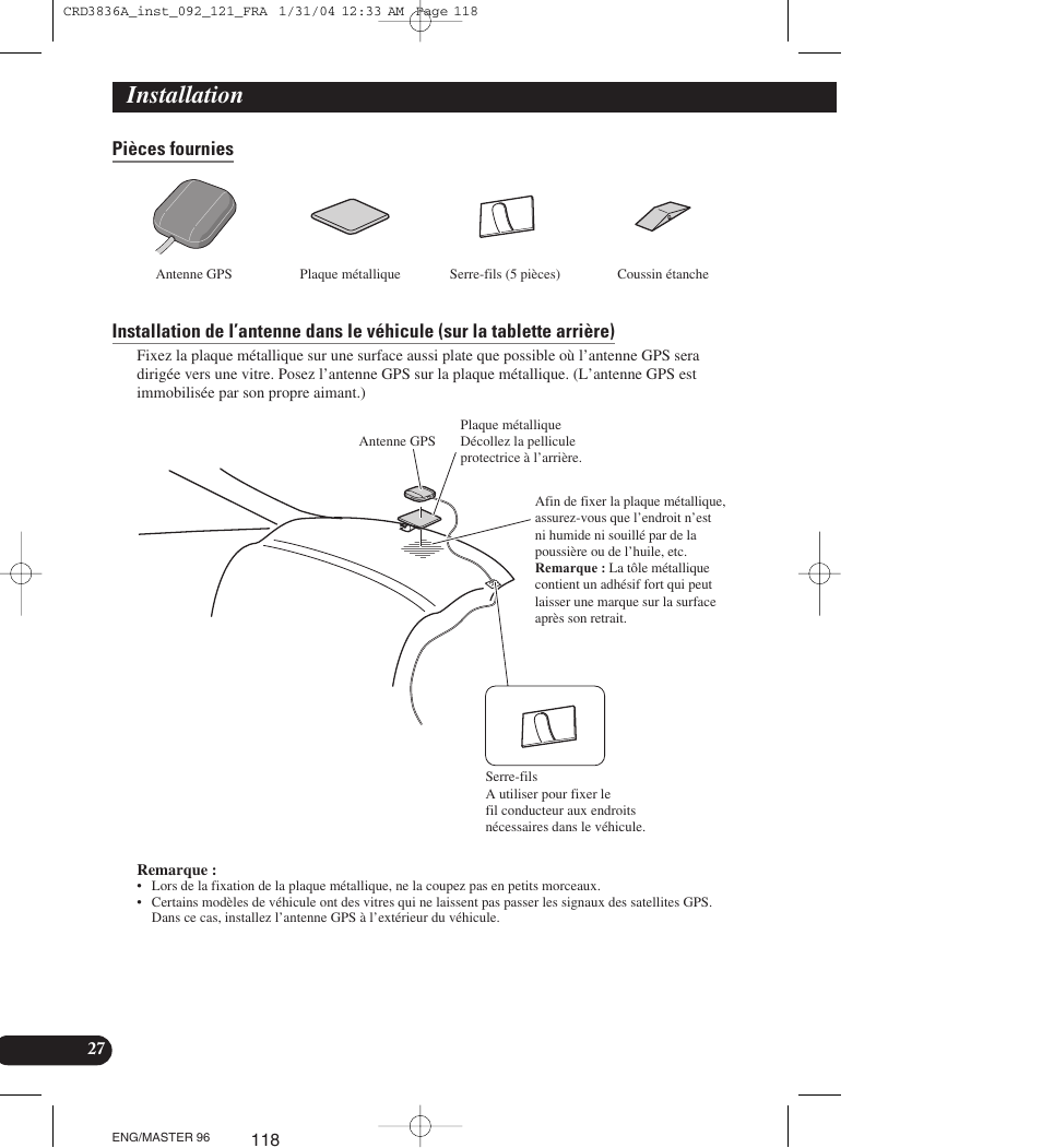 Pièces fournies, Installation | Pioneer AVIC-X1 User Manual | Page 118 / 181