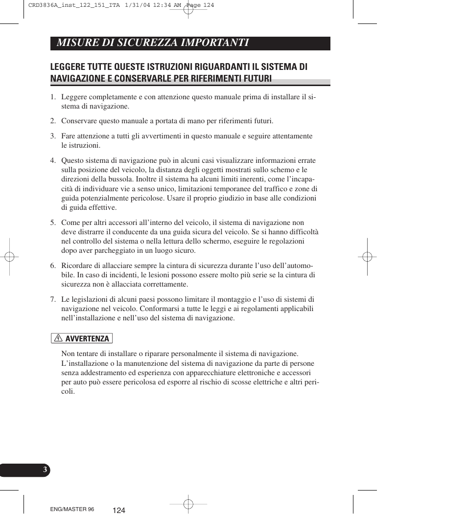 Misure di sicurezza importanti, Leggere tutte queste istruzioni | Pioneer AVIC-X1 User Manual | Page 124 / 181