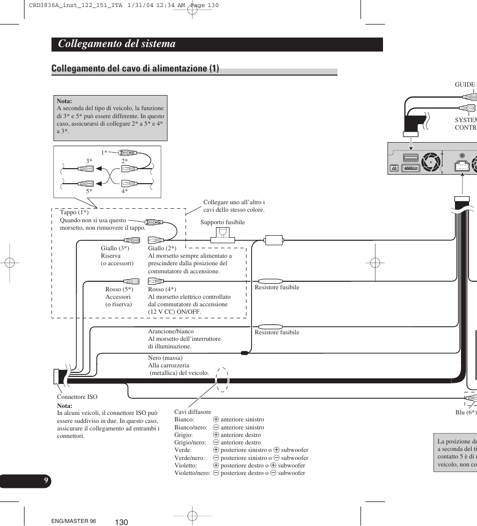 Collegamento del cavo di alimentazione (1), Collegamento del sistema | Pioneer AVIC-X1 User Manual | Page 130 / 181