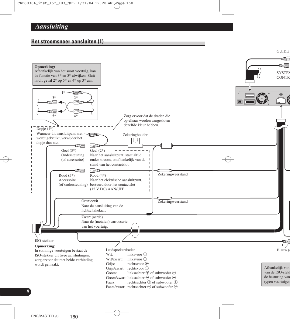 Het stroomsnoer aansluiten (1), Aansluiting | Pioneer AVIC-X1 User Manual | Page 160 / 181