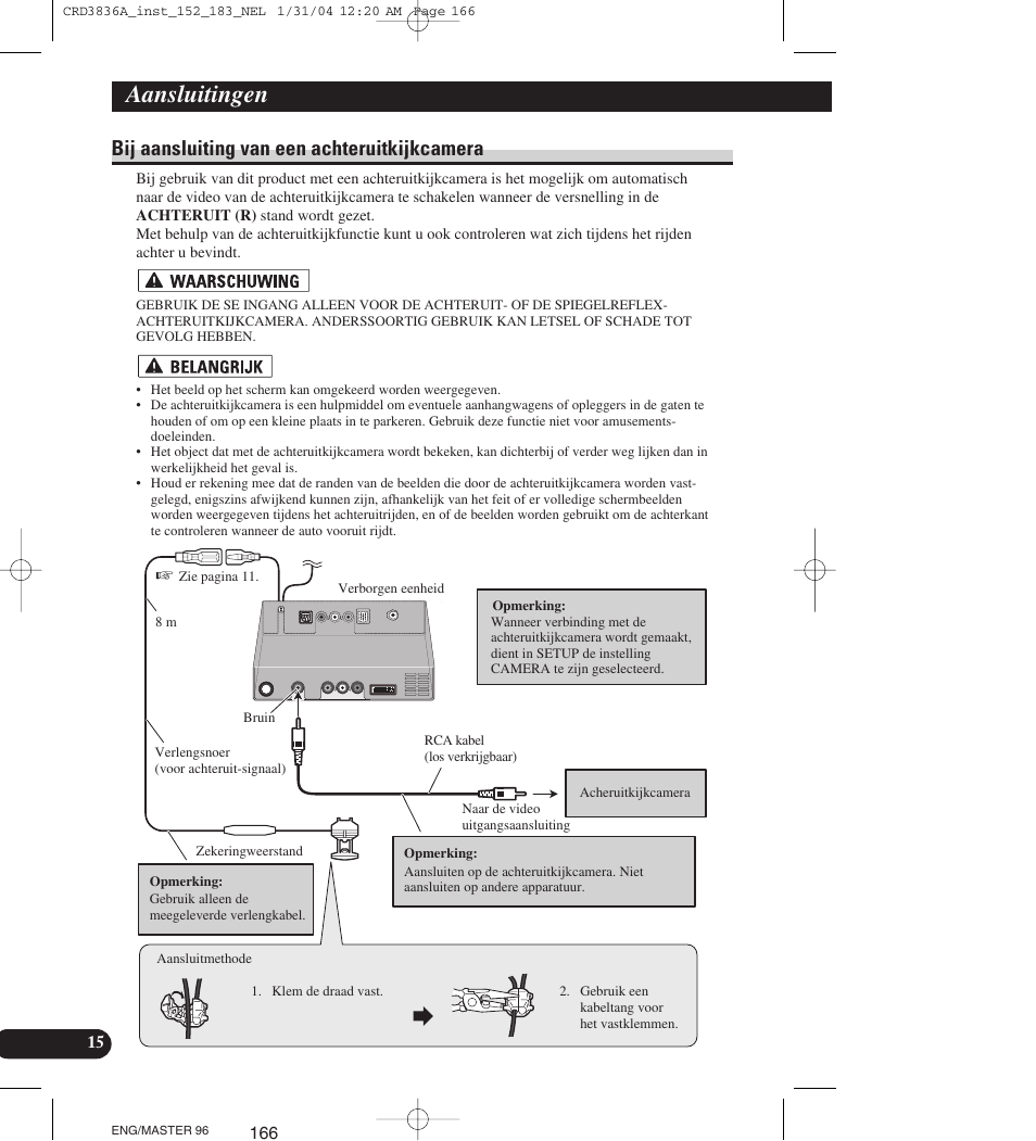 Bij aansluiting van een achteruitkijkcamera, Aansluitingen | Pioneer AVIC-X1 User Manual | Page 166 / 181