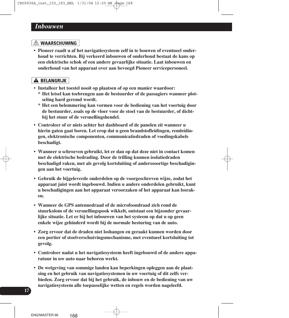 Inbouwen | Pioneer AVIC-X1 User Manual | Page 168 / 181