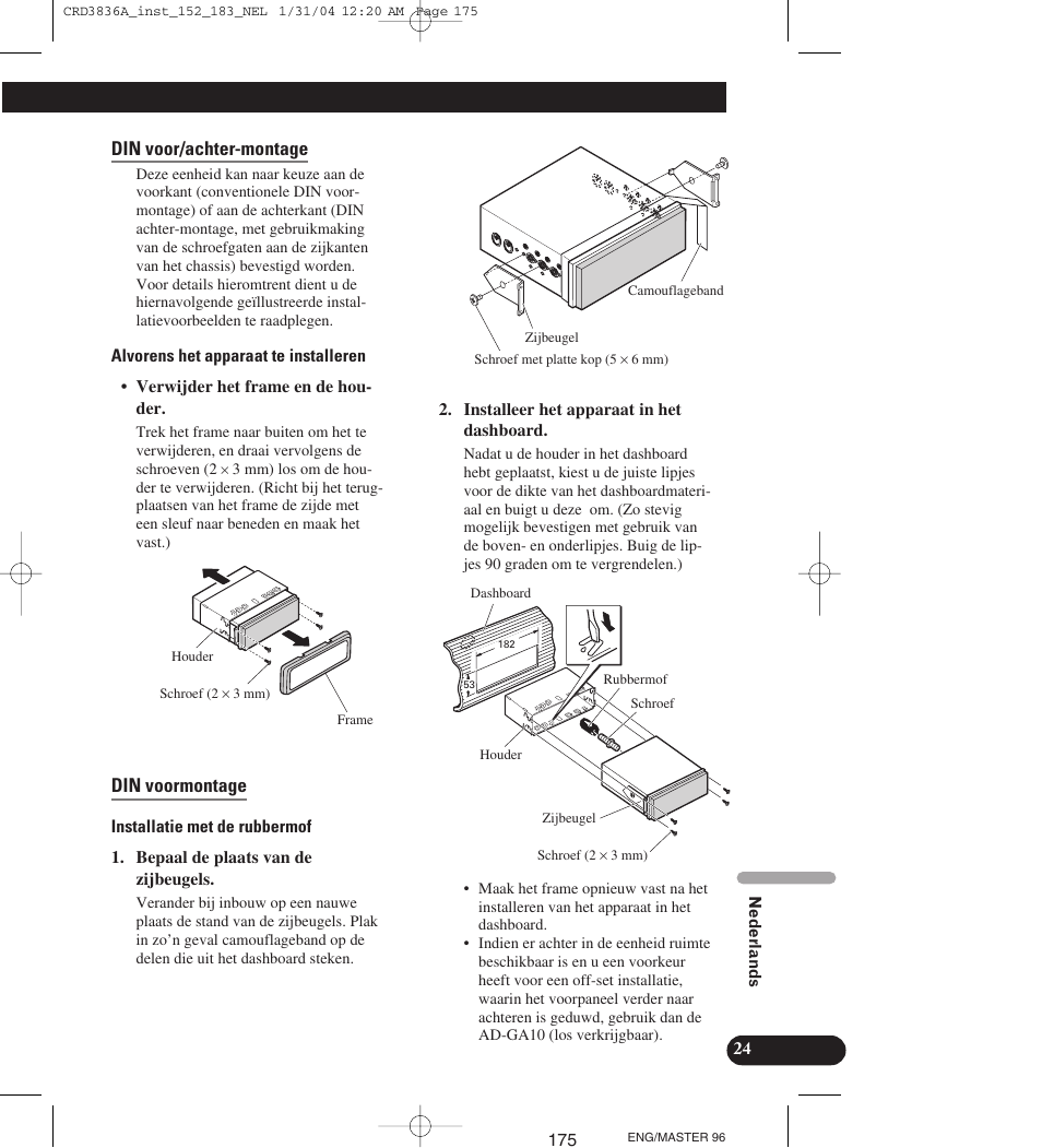 Din voor/achter-montage, Din voormontage | Pioneer AVIC-X1 User Manual | Page 175 / 181