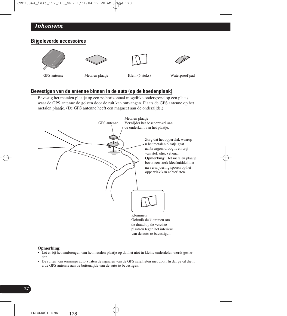 Bijgeleverde accessoires, Inbouwen | Pioneer AVIC-X1 User Manual | Page 178 / 181