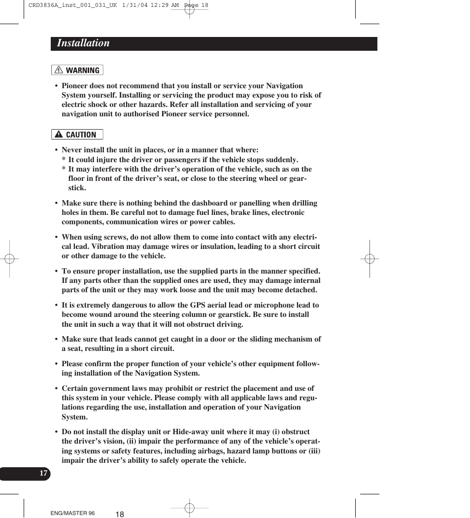 Installation | Pioneer AVIC-X1 User Manual | Page 18 / 181