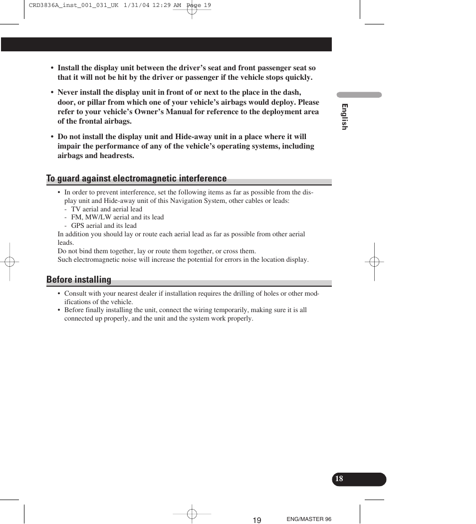 Before installing | Pioneer AVIC-X1 User Manual | Page 19 / 181