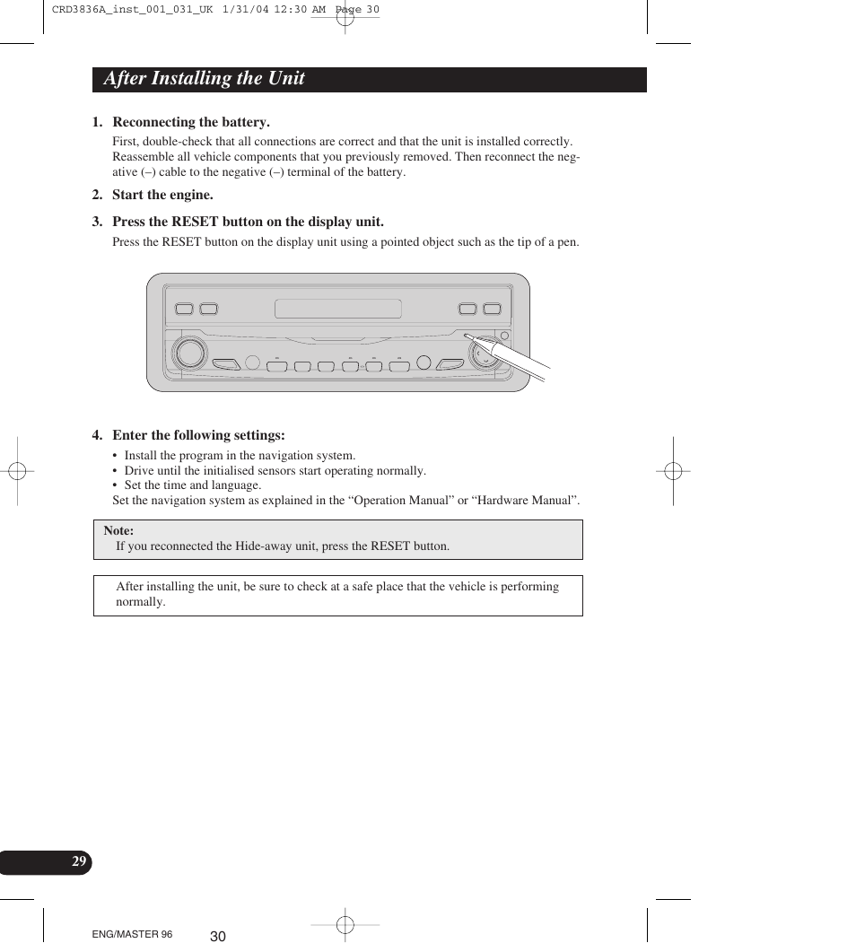 After installing the unit | Pioneer AVIC-X1 User Manual | Page 30 / 181