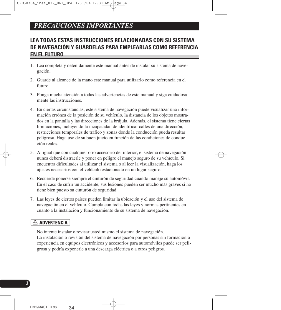 Precauciones importantes, Lea todas estas instrucciones | Pioneer AVIC-X1 User Manual | Page 34 / 181