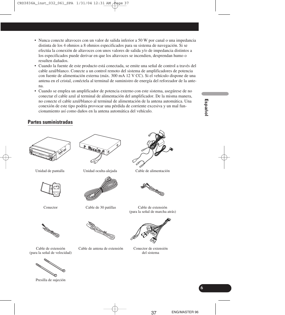 Partes suministradas | Pioneer AVIC-X1 User Manual | Page 37 / 181